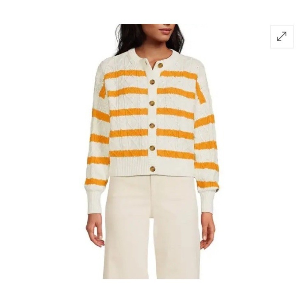 Land's End Drifter Relaxed‎ Cable Cardigan Sweater Women's Medium Yellow Striped